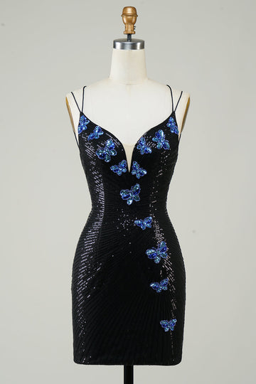 Glitter Tight Little Black Dress with Sequins Butterflies